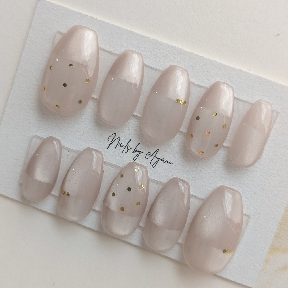Milky Beige Cat Eye Press On Nails Minimal Gold Dot Elegant Neutral Handmade Set